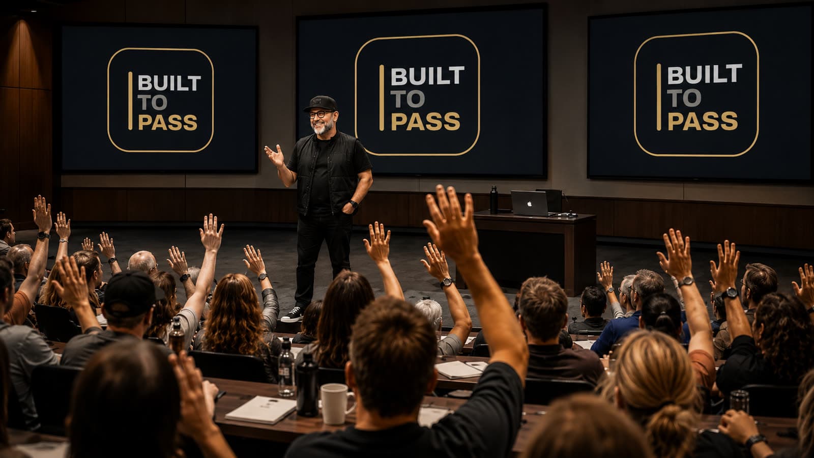 Dr. A presenting the method to an engaged, full room with Built To Pass on the screens behind him